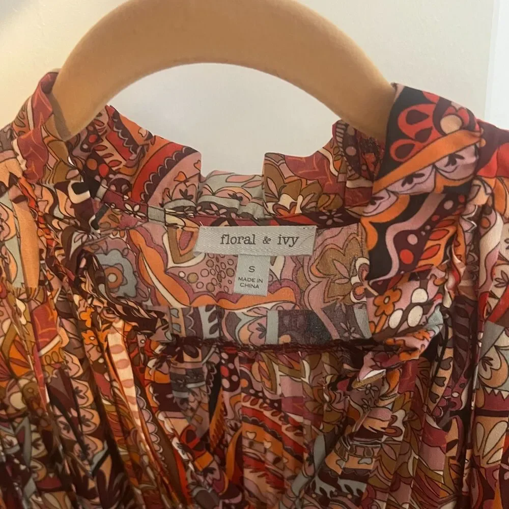 Floral & Ivy Pleated Belted Mixed Print Blouse drape flowy long sleeve Small - Picture 5 of 11